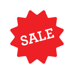 Sale sticker, red star badge. Shop offer promotion tag.