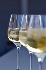 three glasses of fresh golden delicious riesling white wine in a line