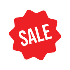 Sale sticker, red star badge. Shop offer promotion tag.
