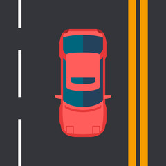 Car rides on the road. Movement on the highway. View from above. Cartoon style. Vector illustration
