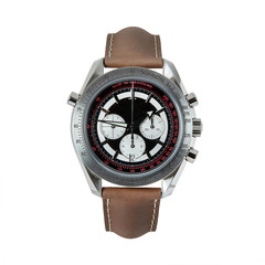 Luxury steel watch with a brown leather strap, front view isolated on white background