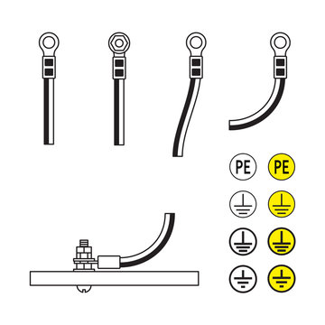 Grounding Wire with Ring Terminal.Grounding Bolt.Terminal of a Protective Earth Ground Electrode Label.Protective Earthing.IEC 60417 - 5019