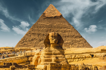 Egypt. Egyptian sphinx pyramid background. Cairo. Giza. Travel background. Architectural monument....