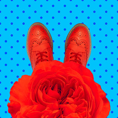 Contemporary art collage. Red flowers fashion shoes. Spring summer vibes