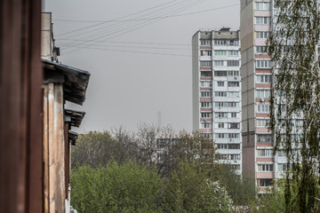 Obraz na płótnie Canvas Kyiv, Ukraine - April, 2020 Residential area during dust storm in Kyiv on 16 april
