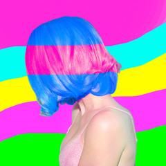 Contemporary art collage. Creative hair dye concept. Girl. Hairs tonic trends