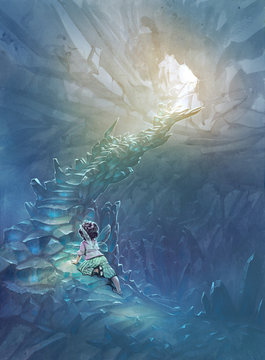Original painting of a magic cave with blue crystals and a character of little fairy girl with transparent wings
