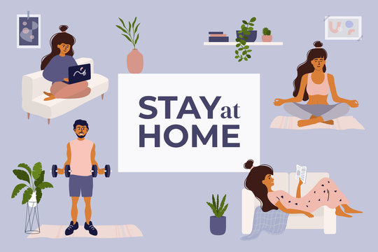 Stay at home concept. Girl reading book, doing yoga, working on laptop. Man does exercise. Set of lifestyle scenes, home activities. Stay positive and healthy. Quarantine lockdown. Vector illustration