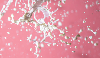 Splashing milk on a pink background.