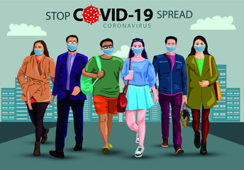 Group of people wearing surgical masks and  walking down a street in a city, prevention and safety procedures concept.Coronavirus - COVID-19, virus contamination, pollution, antivirus – illustration.