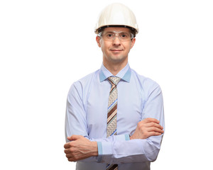 Funny man in a stoop, glasses, office shirt and tie crossed his arms on his chest, isolated