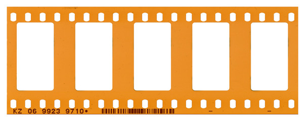 film strip template with cinema frames, empty color 135 type (35mm) negative isolated on white background with work path.