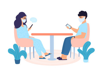 Fototapeta premium COVID-19. Family quarantined. Self isolation. Coronavirus pandemic. The concept of stay home. Man is using gadgets. Woman is chatting online on smartphone.