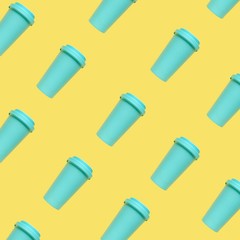 Turquoise bamboo coffee mug on a yellow background without shadows in pattern