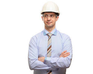 A shy man in a stoop, glasses, office shirt and tie crossed his arms on his chest, isolated