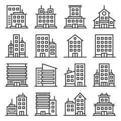 Company Buildings Icons Set on White Background. Line Style Vector