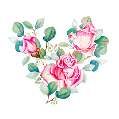 Fototapeta na wymiar Watercolor roses and eucalyptus beautiful heart bouquet. Hand drawn floral illustration. Wedding, birthday and Valentine drawing. For greeting cards, invitations, floral design. Flower decoration.