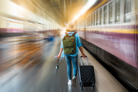 Background empty platform no tourist with solo young woman backpacker tourist step off tain ready for freedom explore in summer holiday after coronavirus crisis quarantine. Plan safe adventure trip. - Powered by Adobe