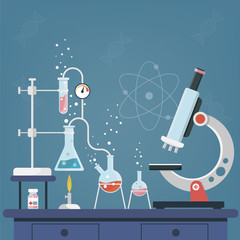 Laboratory Research. Medical Research. Testing of vaccine. Vaccine of coronavirus .Chemists scientists equipment. Flat design banner for web. Vector illustration
