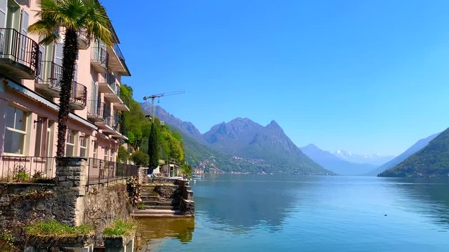 Village Gandria on Alpine Lake Lugano with Mountain in a Sunny Day in Ticino, Switzerland.
