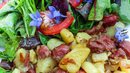 Delicious French dish - duck’s gizzards candied in duck fat with onions, garden herbs and potatoes in raspberry vinegar, served with tomatoes and salads sprinkled with blue flowers of borage