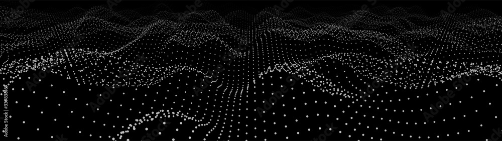 Poster abstract dynamic wave of particles. wave of gradient dots on black background. futuristic vector ill