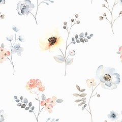 Fototapeta na wymiar Flower seamless pattern with abstract floral branches with leaves, blossom flowers and berries. Vector nature illustration in vintage watercolor style.