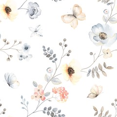 Naklejki  Kwiat wzór z streszczenie kwiatowy oddziałów z latającymi motylami, liśćmi, kwiatami i jagodami. Ilustracja wektorowa w stylu vintage akwarela na białym tle.