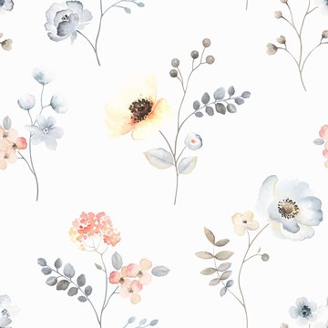 Flower seamless pattern with abstract floral branches with leaves, blossom flowers and berries. Vector nature illustration in vintage watercolor style.