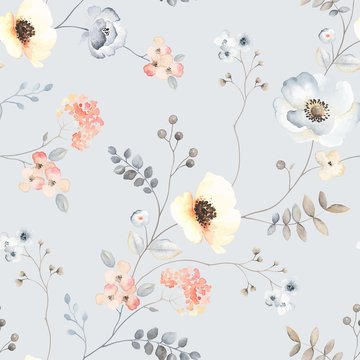 Flower seamless pattern with abstract floral branches with leaves, blossom flowers and berries. Vector illustration in vintage watercolor style on ligh grey background.