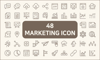 Set of 48 marketing and seo line style. Contains such Icons as management, development, review, search, graph, chart, diagram, productivity and more.