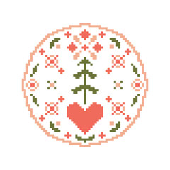 Round floral folk ornament in european scandinavian style, pixel effect of embroidery. Stock vector illustration for web and print, textile, patterns of embroideries and postcards 
