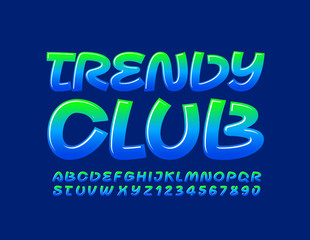 Vector creative sign Trendy Club with handwritten glossy Font. Bright Alphabet Letters and Numbers