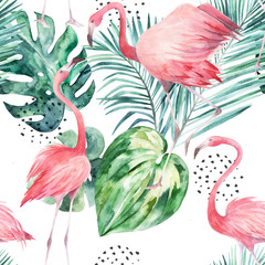 Tropical seamless pattern with flamingo and palm trees. Watercolor  print on white background. Summer hand drawn illustration