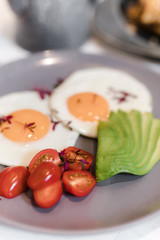 Breakfast of eggs on the table with tea