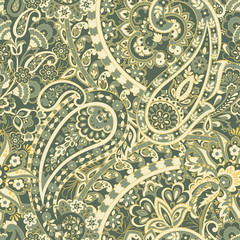 Paisley seamless pattern with flowers in indian style. 