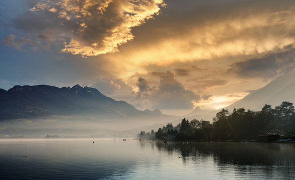 Lake Annecy In France In Autumn At Sunset