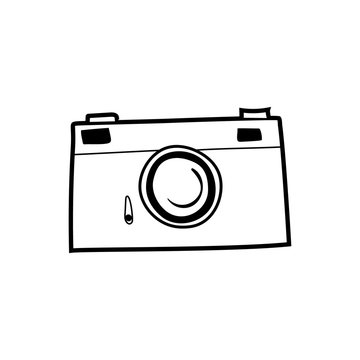 Retro film photo camera isolated on white icon. Hand drawn sketsh style illustration.