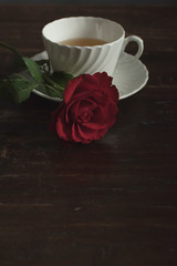 Fototapeta na wymiar White china tea cup and saucer with red rose on wooden table.
