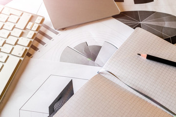 Statistical analysis process control. Finance diagrams and graphs in office table. Financial analytics workspace. Planner and Agenda Concept.