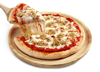 italian pizza on wooden plate isolated