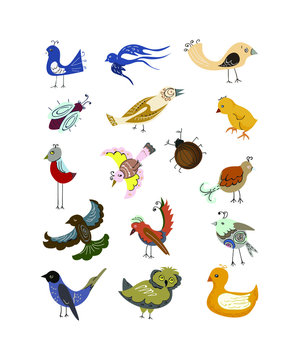 A set of funny birds. Decorative birds and beetles. Birds and beetles for children's textiles.Birds and beetles for  textiles. 