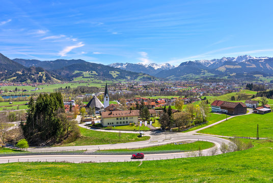City of Sonthofen with mountains and meadows at a beautiful spring day. Allgäu Alps, Bavaria, Germany