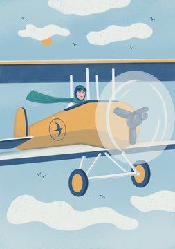 Illustration of woman flying biplane