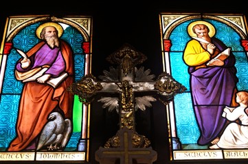 Fototapeta premium Stained glass windows inside the Christian orthodox church of Agios Nikolaos in Hermoupolis, Syros, Greece.