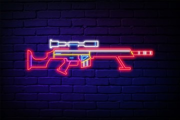 Glowing neon icons.Icons for a war game, automatic weapons isolated against a brick wall. Subscribe to eSports and online games.Bright neon color windscreen illustration