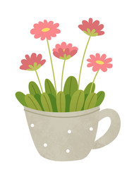 Pink Daisies in a cute clay pot . Polka dot pot . Gardening, nature concept. Illustration for children's book. Cute Poster . Scandinavian style .Minimalisn . Nature .
