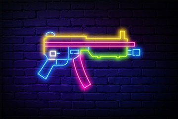 Glowing neon icons.Icons for a war game, automatic weapons isolated against a brick wall. Subscribe to eSports and online games.Bright neon color windscreen illustration - obrazy, fototapety, plakaty