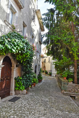 A narrow street between the old houses of a medieval village