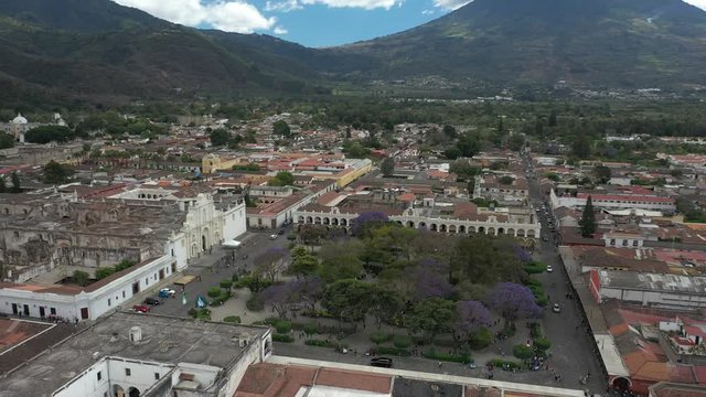 Aerial Drone View of Parque Central and downtown at the Colonial Town of Antigua, Sacatep&eacute;quez, Guatemala
